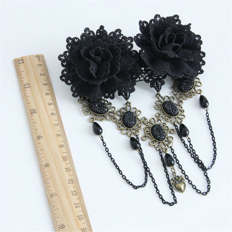 TanQiang Gothic Vintage Black Lace Rose Flower Hair Clip With Pearl Chain Tassels Hair Barrettes for Women Princess Headwear - Image 2
